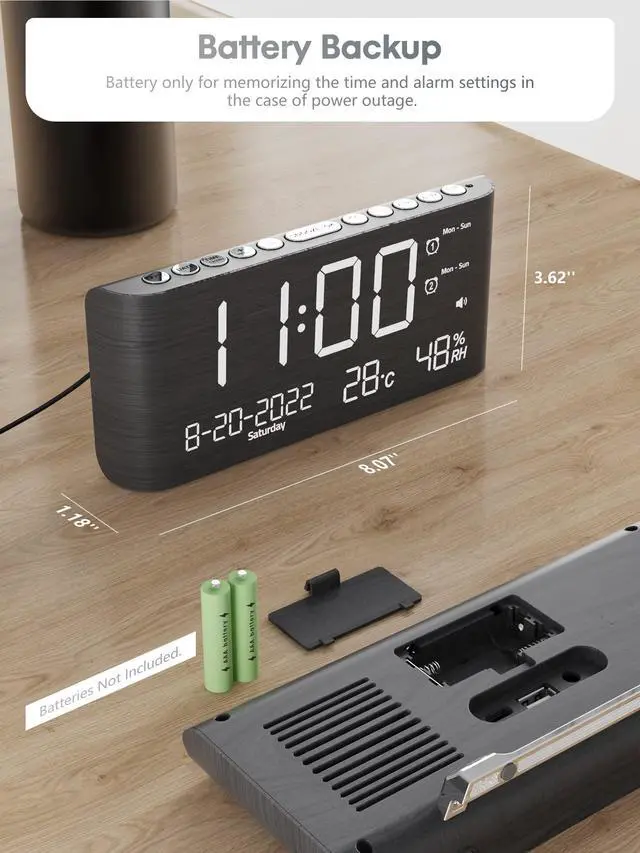 Alt view image 7 of 7 - Alarm Clock, 8.7 Inch Digital Clock, Alarm Clock with USB and Type-C Charger,Dual Alarms,Temperature, Humidity,Date, 5 Adjustable Volume and 5 Dimmer for Bedroom Living Room Office (Grey)