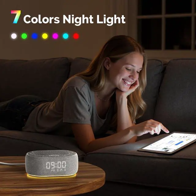 Alt view image 7 of 7 - White Noise Sound Machine with Alarm Clock, Sound Machine for Sleep for Adults Baby, 30 Soothing Sounds, Smart App Controlled, Dimmable 7-Color Night Light, Sleeping Timer, 30 Volume Levels