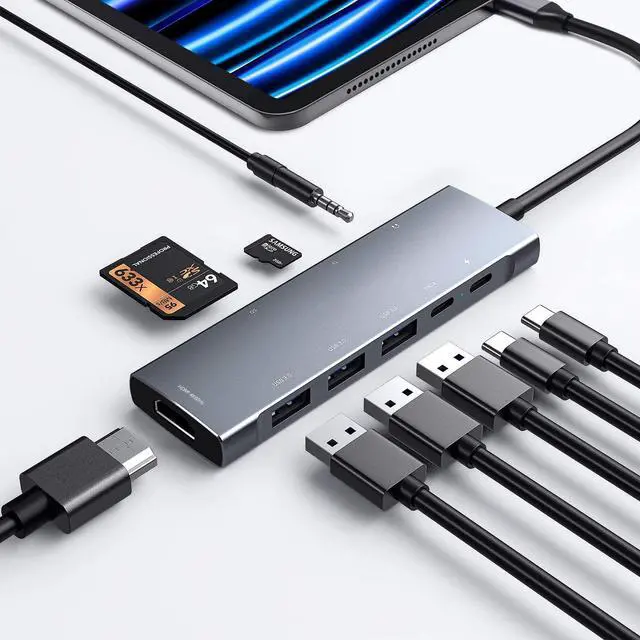 Main image of USB C HUB for iPad Pro 9-in-1 Adapter iPad Pro M4 M2 M1 13 12.9 11 inch iPad Air 5 4 Docking Station with 4K HDMI, USB-C PD, SD/TF Card Reader, USB 3.0, 3.5mm Headphone Jack, Type C Data, iPad mini 6