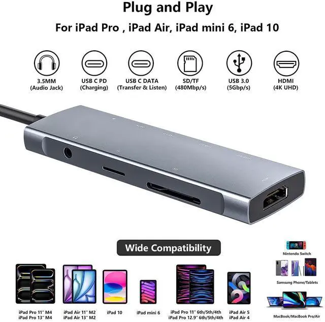 Alt view image 2 of 7 - USB C HUB for iPad Pro 9-in-1 Adapter iPad Pro M4 M2 M1 13 12.9 11 inch iPad Air 5 4 Docking Station with 4K HDMI, USB-C PD, SD/TF Card Reader, USB 3.0, 3.5mm Headphone Jack, Type C Data, iPad mini 6