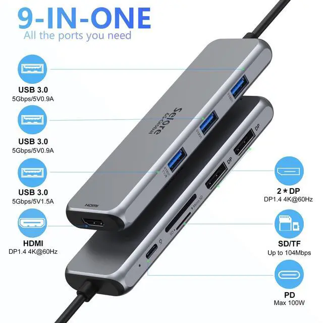 Alt view image 2 of 7 - Docking Station Dual DisplayPort, Selore USB c hub with 2 displayport, HDMI, 3*USB 3.0,100W PD,SD & TF Slot, 9 in 1 2 dp Multiport Adapter for MacBook/Dell XPS/HP/Lenovo/Microsoft Surface