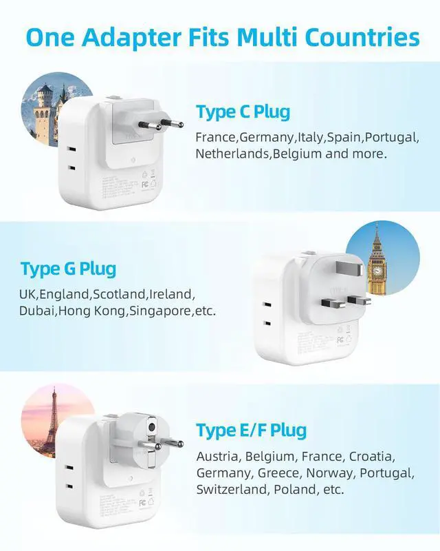 Alt view image 2 of 7 - European Travel Plug Adapter Set, 8-in-1 Travel Adapter with 4 Outlets, 4 USB Ports (2 USB C), US to UK/EU Universal Travel Adapter, International Power Adapter with Type G/E/F/C Detachable Plugs