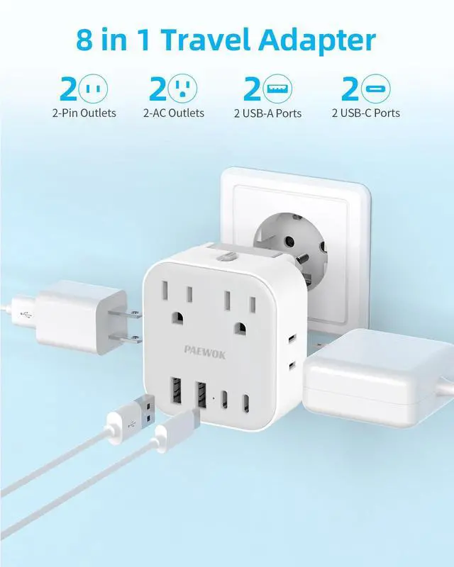 Alt view image 3 of 7 - European Travel Plug Adapter Set, 8-in-1 Travel Adapter with 4 Outlets, 4 USB Ports (2 USB C), US to UK/EU Universal Travel Adapter, International Power Adapter with Type G/E/F/C Detachable Plugs