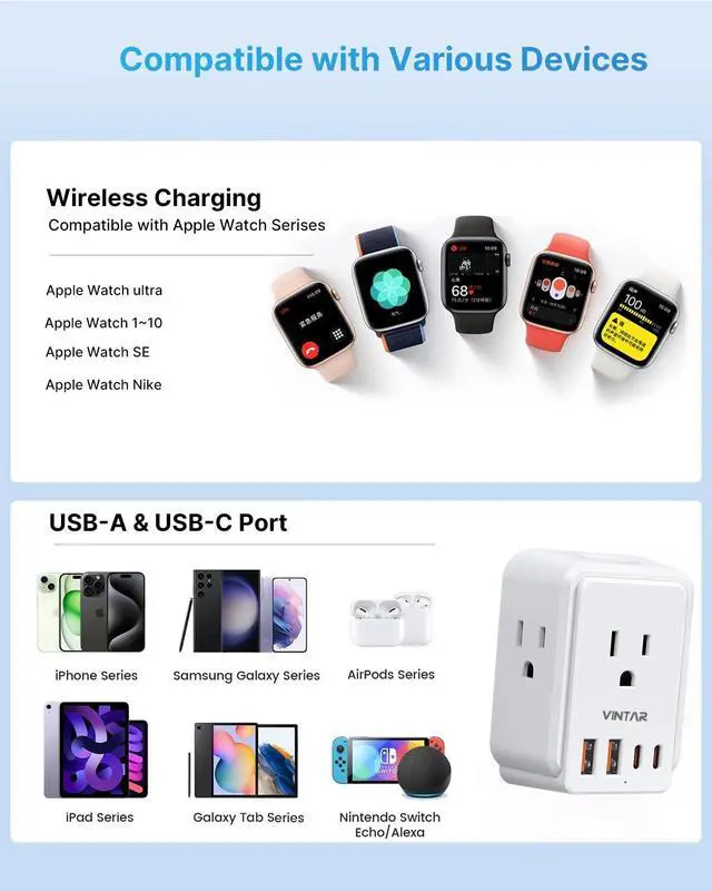 Alt view image 6 of 6 - Universal Travel Adapter Kit, International Power Adapter for Apple Watch Charger with 3 AC Outlets 4 USB Ports (2 USB C), Type A/C/D/G/I/M Detachable Plugs, US to Europe/UK/India/Africa