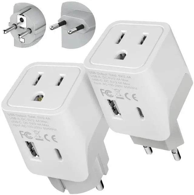 Main image of European Travel Plug Adapter Compact Type C & F Adapter with USB-C & A + USA Input Safe Grounded Schuko Adapter Travel Charger for France, Germany & More CTU-9-9C-PK