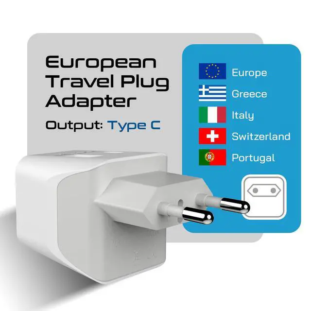 Alt view image 3 of 7 - European Travel Plug Adapter Compact Type C & F Adapter with USB-C & A + USA Input Safe Grounded Schuko Adapter Travel Charger for France, Germany & More CTU-9-9C-PK