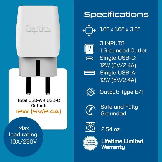 Alt view image 4 of 7 - European Travel Plug Adapter Compact Type C & F Adapter with USB-C & A + USA Input Safe Grounded Schuko Adapter Travel Charger for France, Germany & More CTU-9-9C-PK