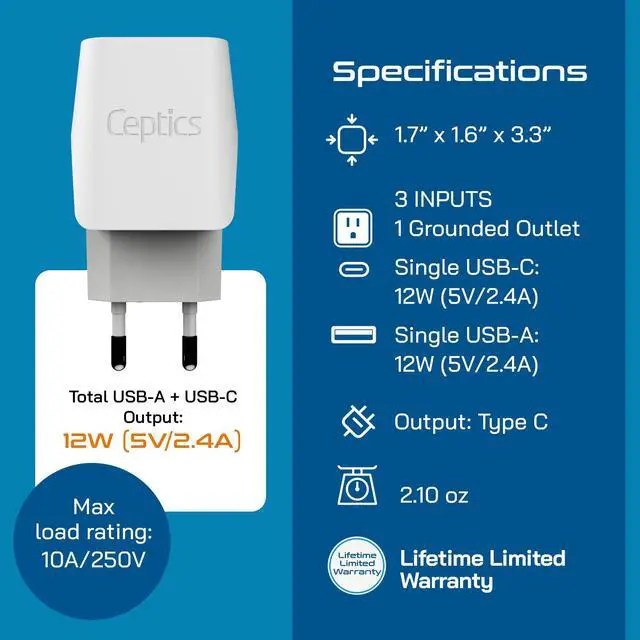 Alt view image 5 of 7 - European Travel Plug Adapter Compact Type C & F Adapter with USB-C & A + USA Input Safe Grounded Schuko Adapter Travel Charger for France, Germany & More CTU-9-9C-PK