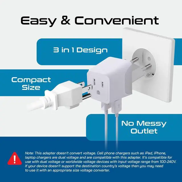 Alt view image 6 of 7 - European Travel Plug Adapter Compact Type C & F Adapter with USB-C & A + USA Input Safe Grounded Schuko Adapter Travel Charger for France, Germany & More CTU-9-9C-PK