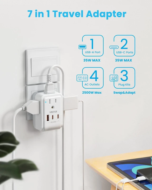 Alt view image 3 of 7 - European Travel Plug Adapter, PD 35W Type C,G,E/F Detachable Plugs 7 in 1 with 4 AC 3 USB Ports (2 USB C), Light and Compact Kit for Travel, Universal Travel Adapter for US to Europe UK France