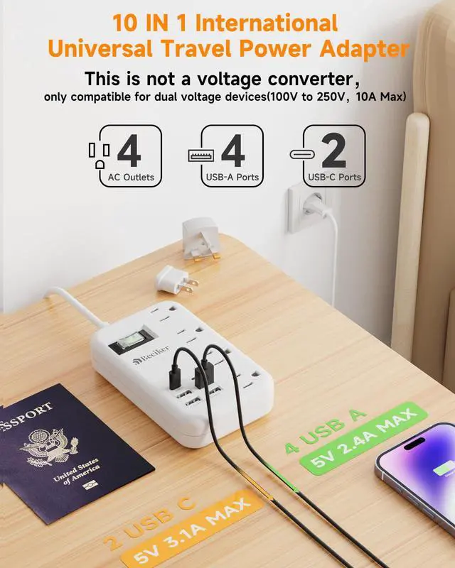 Alt view image 3 of 7 - European Travel Plug Adapter, US to Europe Travel Power Strip with 6 USB(2 USB C) 4 Outlets, International Universal Travel Power Adapter with 3ft Extension Cord for EU UK France Italy Germany Cruise