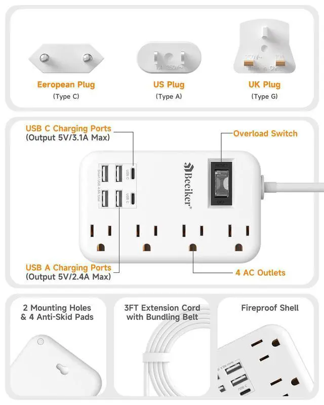 Alt view image 5 of 7 - European Travel Plug Adapter, US to Europe Travel Power Strip with 6 USB(2 USB C) 4 Outlets, International Universal Travel Power Adapter with 3ft Extension Cord for EU UK France Italy Germany Cruise