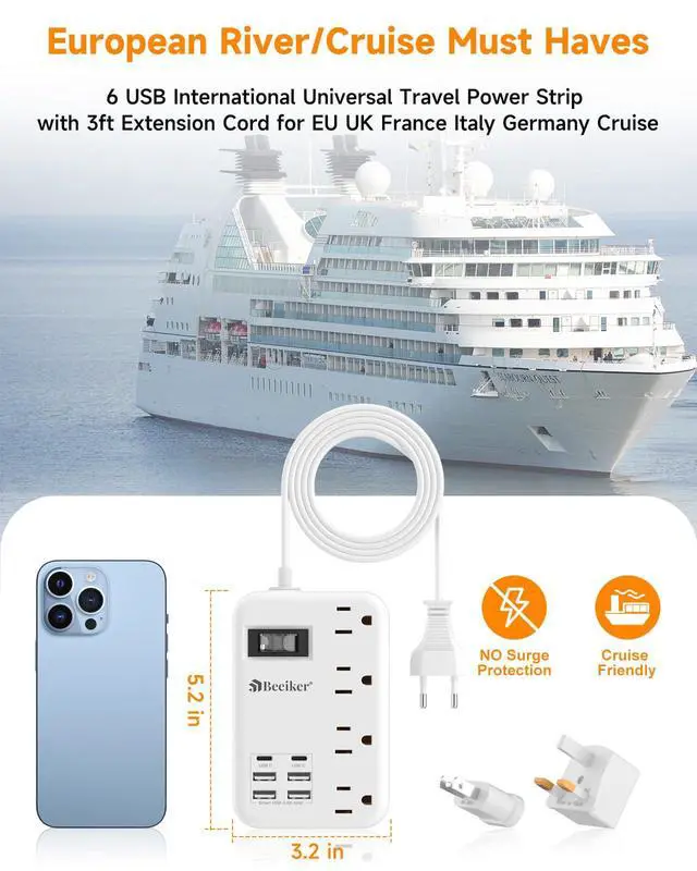 Alt view image 6 of 7 - European Travel Plug Adapter, US to Europe Travel Power Strip with 6 USB(2 USB C) 4 Outlets, International Universal Travel Power Adapter with 3ft Extension Cord for EU UK France Italy Germany Cruise