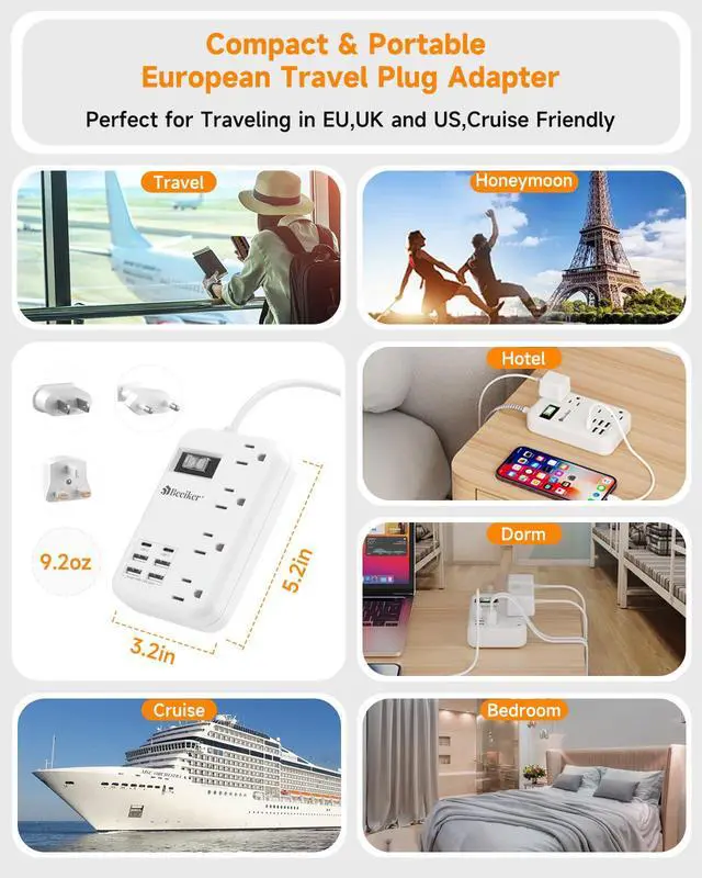 Alt view image 7 of 7 - European Travel Plug Adapter, US to Europe Travel Power Strip with 6 USB(2 USB C) 4 Outlets, International Universal Travel Power Adapter with 3ft Extension Cord for EU UK France Italy Germany Cruise