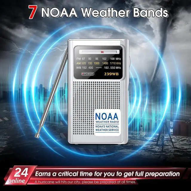 Alt view image 2 of 6 - NOAA Weather Radio, AM FM Transistor Battery Operated Radio | Best Reception for Emergency/Hurricane, Earphone Jack, Powered by 2 AA Battery for Running, Walking, Home(Silver)