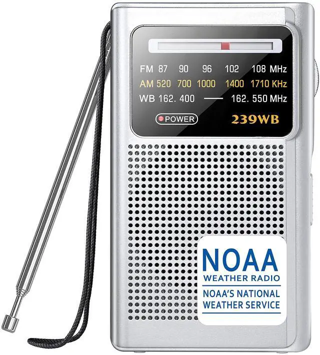 Main image of NOAA Weather Radio, AM FM Transistor Battery Operated Radio | Best Reception for Emergency/Hurricane, Earphone Jack, Powered by 2 AA Battery for Running, Walking, Home(Silver)