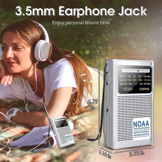 Alt view image 4 of 6 - NOAA Weather Radio, AM FM Transistor Battery Operated Radio | Best Reception for Emergency/Hurricane, Earphone Jack, Powered by 2 AA Battery for Running, Walking, Home(Silver)
