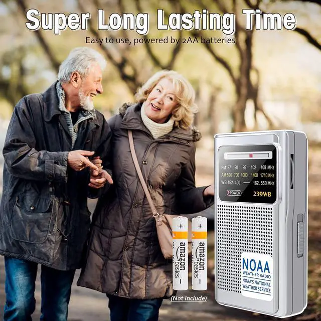 Alt view image 6 of 6 - NOAA Weather Radio, AM FM Transistor Battery Operated Radio | Best Reception for Emergency/Hurricane, Earphone Jack, Powered by 2 AA Battery for Running, Walking, Home(Silver)