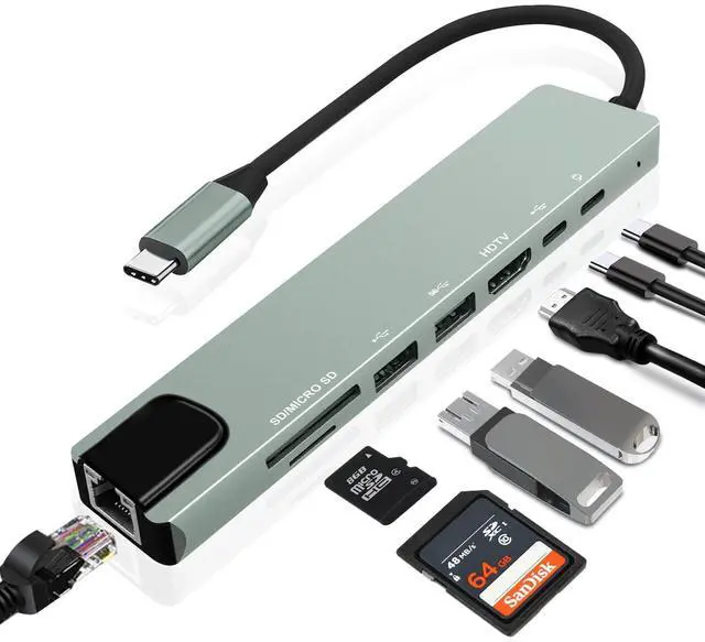 Main image of 8-in-1 USB-C Hub, Multi-Port Adapter for Laptops, 4K@60Hz HDMI, 85W Power Delivery, 3X USB-A 3.0 & USB-C Data Ports, SD/TF Card Reader, for Type-C Devices (Charger Not Included)