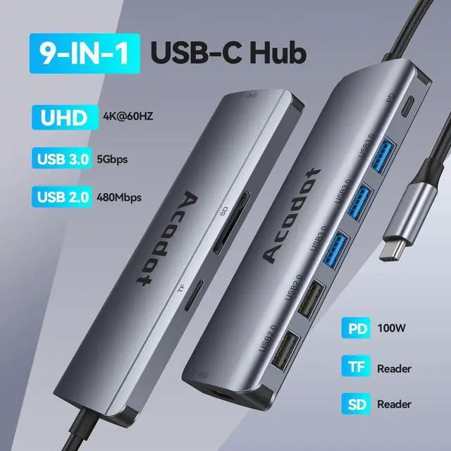 Alt view image 2 of 7 - USB C Hub Docking Station, 9-in-1 Multi-Port USB Adapter, 4K@60Hz HDMI, 100W Max PD, 3 USB3.0(5Gbps) + 2 USB2.0 Data Ports, SD/TF Card Reader for MacBook, iPad Pro, Dell, HP, Lenovo, Windows Laptop