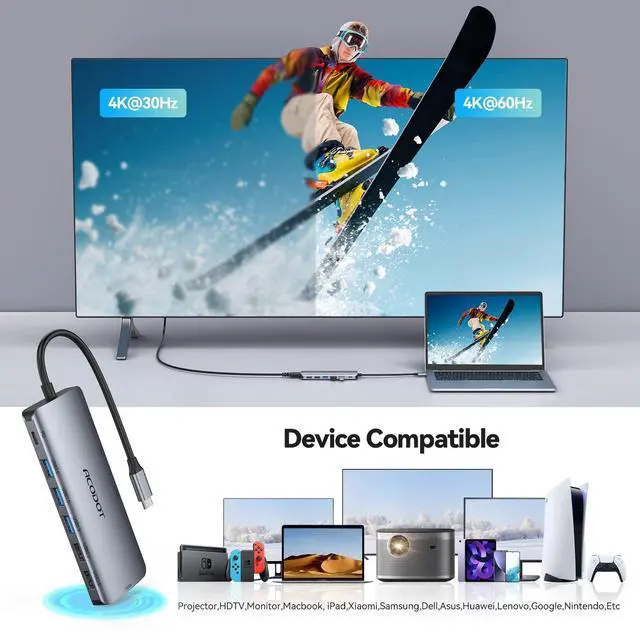 Alt view image 3 of 7 - USB C Hub Docking Station, 9-in-1 Multi-Port USB Adapter, 4K@60Hz HDMI, 100W Max PD, 3 USB3.0(5Gbps) + 2 USB2.0 Data Ports, SD/TF Card Reader for MacBook, iPad Pro, Dell, HP, Lenovo, Windows Laptop