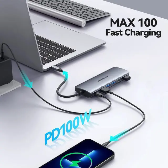 Alt view image 6 of 7 - USB C Hub Docking Station, 9-in-1 Multi-Port USB Adapter, 4K@60Hz HDMI, 100W Max PD, 3 USB3.0(5Gbps) + 2 USB2.0 Data Ports, SD/TF Card Reader for MacBook, iPad Pro, Dell, HP, Lenovo, Windows Laptop