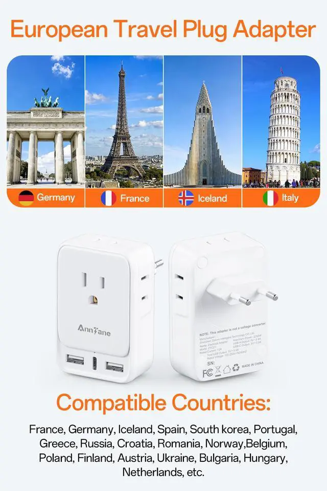 Alt view image 2 of 7 - 2 Pack European Travel Adapter, US to Europe Plug Adaptor with 4 Outlets 3 USB Charging Ports, Type C Power Adapter for USA to EU Euro Spain France Iceland Italy Germany Greece, White