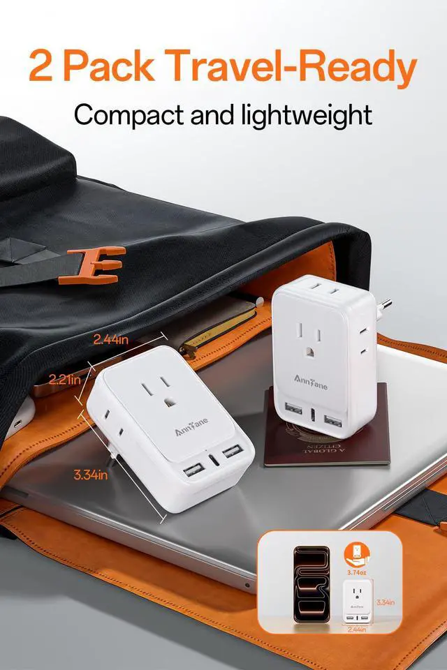 Alt view image 3 of 7 - 2 Pack European Travel Adapter, US to Europe Plug Adaptor with 4 Outlets 3 USB Charging Ports, Type C Power Adapter for USA to EU Euro Spain France Iceland Italy Germany Greece, White
