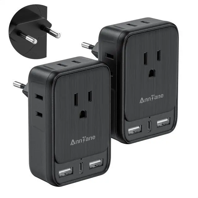 Main image of 2 Pack European Travel Adapter, US to Europe Plug Adaptor with 4 Outlets 3 USB Charging Ports, Type C Power Adapter for USA to EU Euro Spain France Iceland Italy Germany Greece, Black