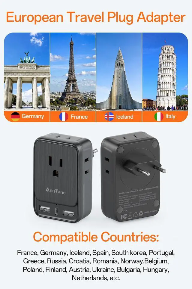 Alt view image 2 of 7 - 2 Pack European Travel Adapter, US to Europe Plug Adaptor with 4 Outlets 3 USB Charging Ports, Type C Power Adapter for USA to EU Euro Spain France Iceland Italy Germany Greece, Black