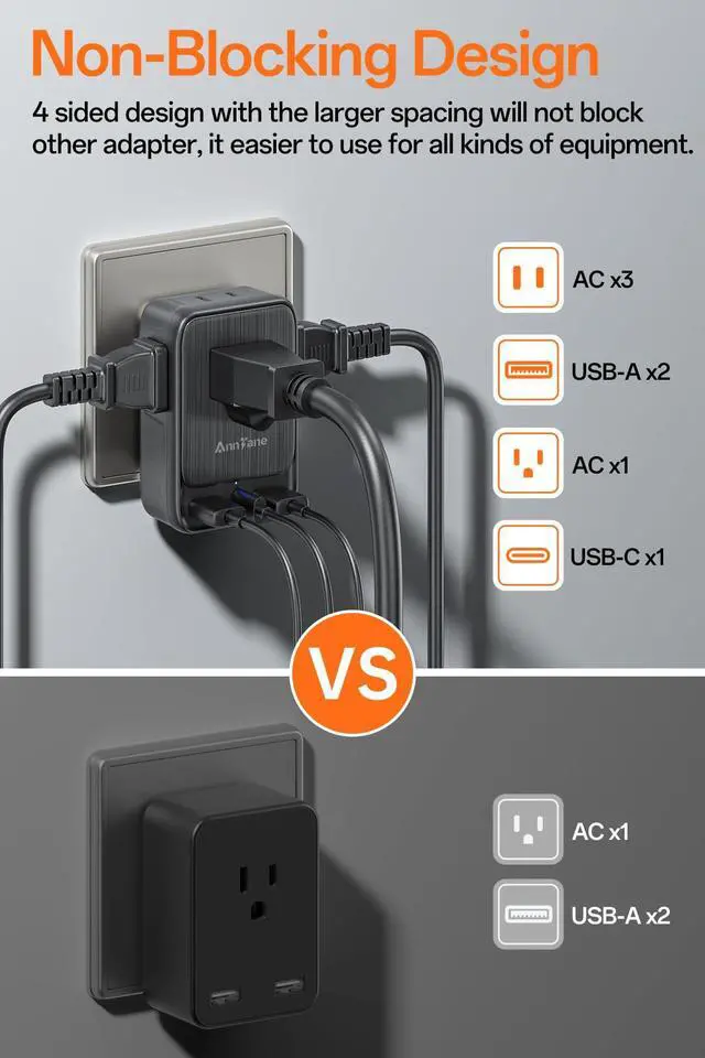 Alt view image 4 of 7 - 2 Pack European Travel Adapter, US to Europe Plug Adaptor with 4 Outlets 3 USB Charging Ports, Type C Power Adapter for USA to EU Euro Spain France Iceland Italy Germany Greece, Black