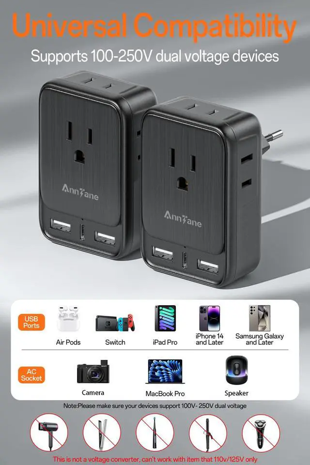 Alt view image 6 of 7 - 2 Pack European Travel Adapter, US to Europe Plug Adaptor with 4 Outlets 3 USB Charging Ports, Type C Power Adapter for USA to EU Euro Spain France Iceland Italy Germany Greece, Black