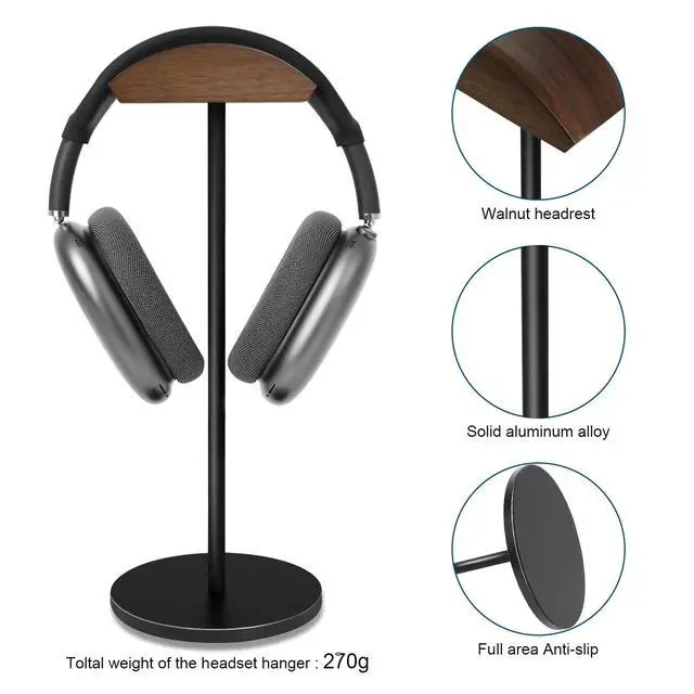 Alt view image 3 of 7 - Headphone Stand for Desk - Headset Holder with Aluminum Alloy Support Rod, Gaming Headset Stand with Wooden Support Plate