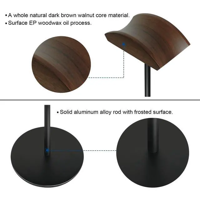 Alt view image 4 of 7 - Headphone Stand for Desk - Headset Holder with Aluminum Alloy Support Rod, Gaming Headset Stand with Wooden Support Plate