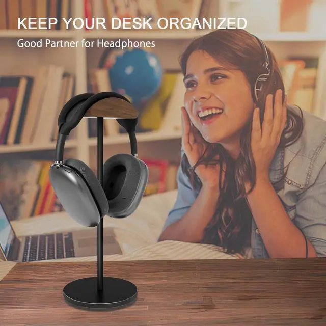 Alt view image 7 of 7 - Headphone Stand for Desk - Headset Holder with Aluminum Alloy Support Rod, Gaming Headset Stand with Wooden Support Plate