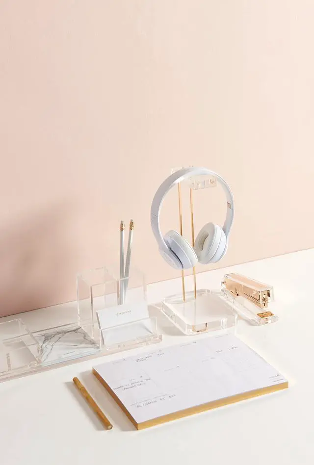 Alt view image 7 of 7 - Acrylic Headphones Stand, Headset Holder, Office Accessories, Clear Acrylic with Gold Hardware, 4 x 5 x 10.5 (93922)