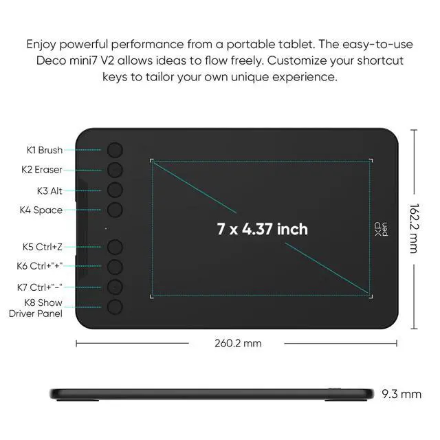 Alt view image 4 of 7 - Updated Deco Mini7 V2 Drawing Tablet-16384 Levels of Pressure Battery-Free Stylus, 7 x 4 OSU Drawing Pad, 8 Hotkeys for Digital Art, Teaching, Gaming Graphic Tablet for Chrome, PC, Mac, Android