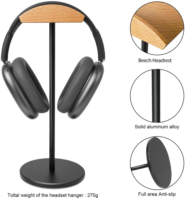 Alt view image 3 of 7 - Headphone Stand for Desk - Gaming Headset Stand with Wooden Support Plate, Headset Holder with Aluminum Alloy Support Rod