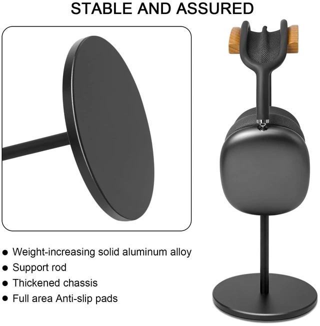 Alt view image 5 of 7 - Headphone Stand for Desk - Gaming Headset Stand with Wooden Support Plate, Headset Holder with Aluminum Alloy Support Rod