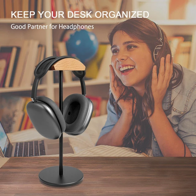 Alt view image 7 of 7 - Headphone Stand for Desk - Gaming Headset Stand with Wooden Support Plate, Headset Holder with Aluminum Alloy Support Rod