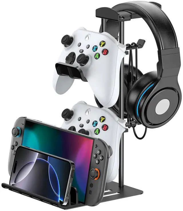 Main image of Headphone Stand, Controller Holder & Headset Holder for Desk, Earphone Stand with Aluminum Supporting Bar, Universal Storage Organizer Headphones/Controller/Switch/Mobile Phone