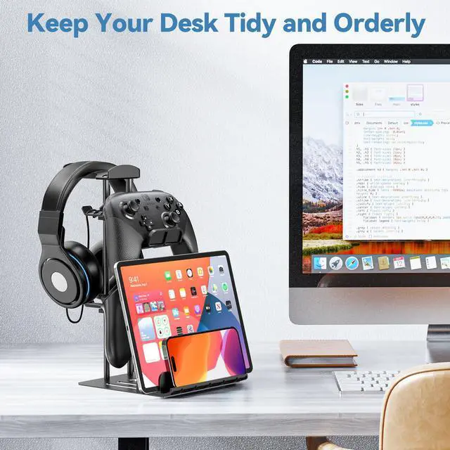Alt view image 3 of 7 - Headphone Stand, Controller Holder & Headset Holder for Desk, Earphone Stand with Aluminum Supporting Bar, Universal Storage Organizer Headphones/Controller/Switch/Mobile Phone