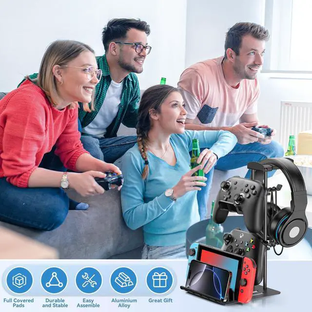 Alt view image 5 of 7 - Headphone Stand, Controller Holder & Headset Holder for Desk, Earphone Stand with Aluminum Supporting Bar, Universal Storage Organizer Headphones/Controller/Switch/Mobile Phone