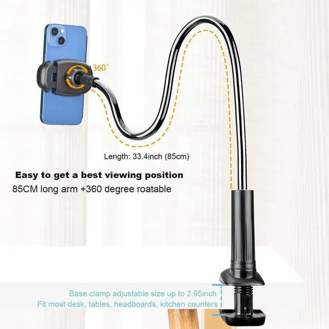 Alt view image 4 of 7 - Phone Holder for Bed Desk, Gooseneck Phone Holder Stand with 33 inch Adjustable Flexible Long Arm Clip Clamp Bracket Mount for iPhone 15 Pro Max XR X 8 7 6 or Other 4-7" Devices
