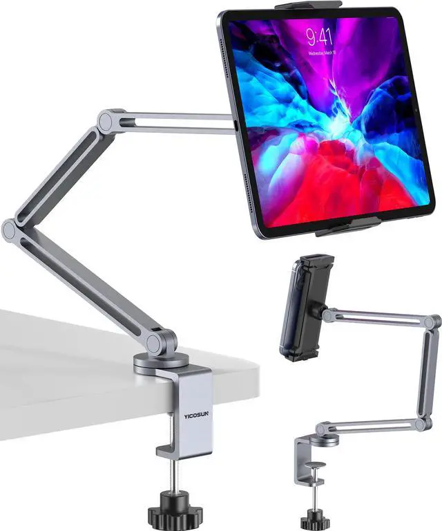 Main image of Tablet Arm Mount with Super Grip, Adjustable Foldable Holder & Heavy Duty Aluminum 360° Rotating Clamp for iPad, Phone, Monitor, Kindle - Universal for Desk, Bed, Kitchen - Gray