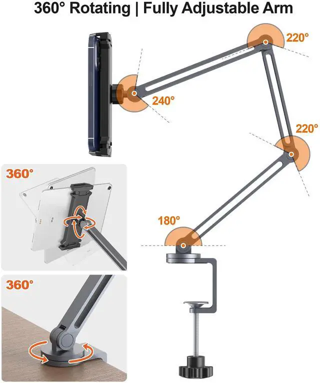 Alt view image 2 of 7 - Tablet Arm Mount with Super Grip, Adjustable Foldable Holder & Heavy Duty Aluminum 360° Rotating Clamp for iPad, Phone, Monitor, Kindle - Universal for Desk, Bed, Kitchen - Gray