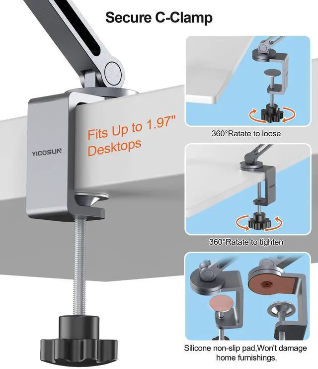 Alt view image 3 of 7 - Tablet Arm Mount with Super Grip, Adjustable Foldable Holder & Heavy Duty Aluminum 360° Rotating Clamp for iPad, Phone, Monitor, Kindle - Universal for Desk, Bed, Kitchen - Gray