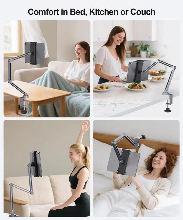 Alt view image 6 of 7 - Tablet Arm Mount with Super Grip, Adjustable Foldable Holder & Heavy Duty Aluminum 360° Rotating Clamp for iPad, Phone, Monitor, Kindle - Universal for Desk, Bed, Kitchen - Gray