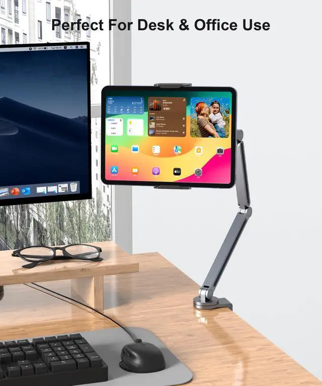Alt view image 7 of 7 - Tablet Arm Mount with Super Grip, Adjustable Foldable Holder & Heavy Duty Aluminum 360° Rotating Clamp for iPad, Phone, Monitor, Kindle - Universal for Desk, Bed, Kitchen - Gray