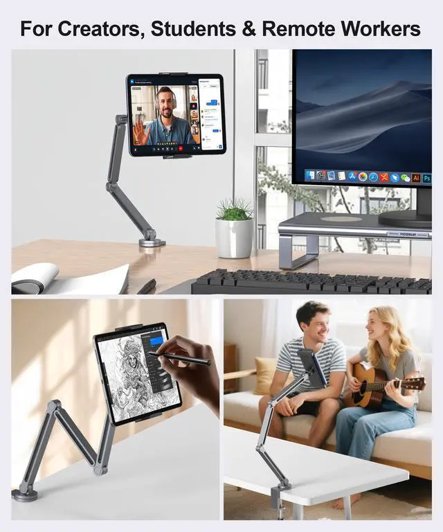 Alt view image 5 of 7 - Tablet Arm Mount with Super Grip, Adjustable Foldable Holder & Heavy Duty Aluminum 360° Rotating Clamp for iPad, Phone, Monitor, Kindle - Universal for Desk, Bed, Kitchen - Gray
